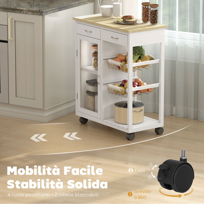 Carrello da Cucina 67x35x80 cm con 2 Cassetti Armadietto Ripiano e 2 Cestini in Acciaio e Bambù Bianco