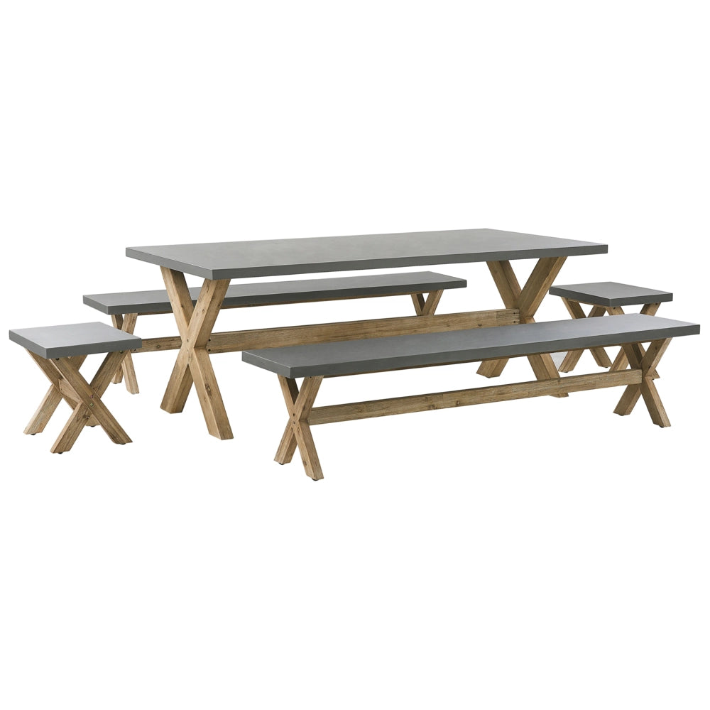 Set da pranzo per esterni in fibra di cemento grigio legno di acacia chiaro 8 persone tavolo 2 panche 2 sgabelli design moderno