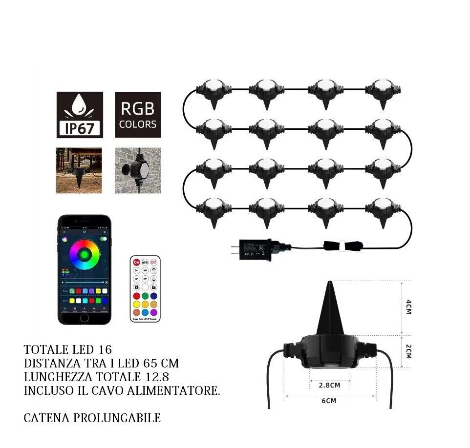 Catena di 16 Luci Led RGB Luce Bianca da 12.8 Mt Su picchetti da Giardino