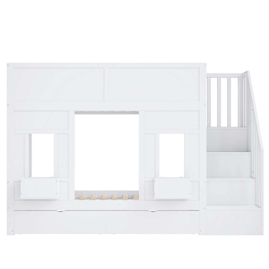 Letto a castello per bambini 90x200 con scale e cassetti; letto a soppalco con finestre; legno; corrimano di sicurezza; risparmio spazio per i bambini
