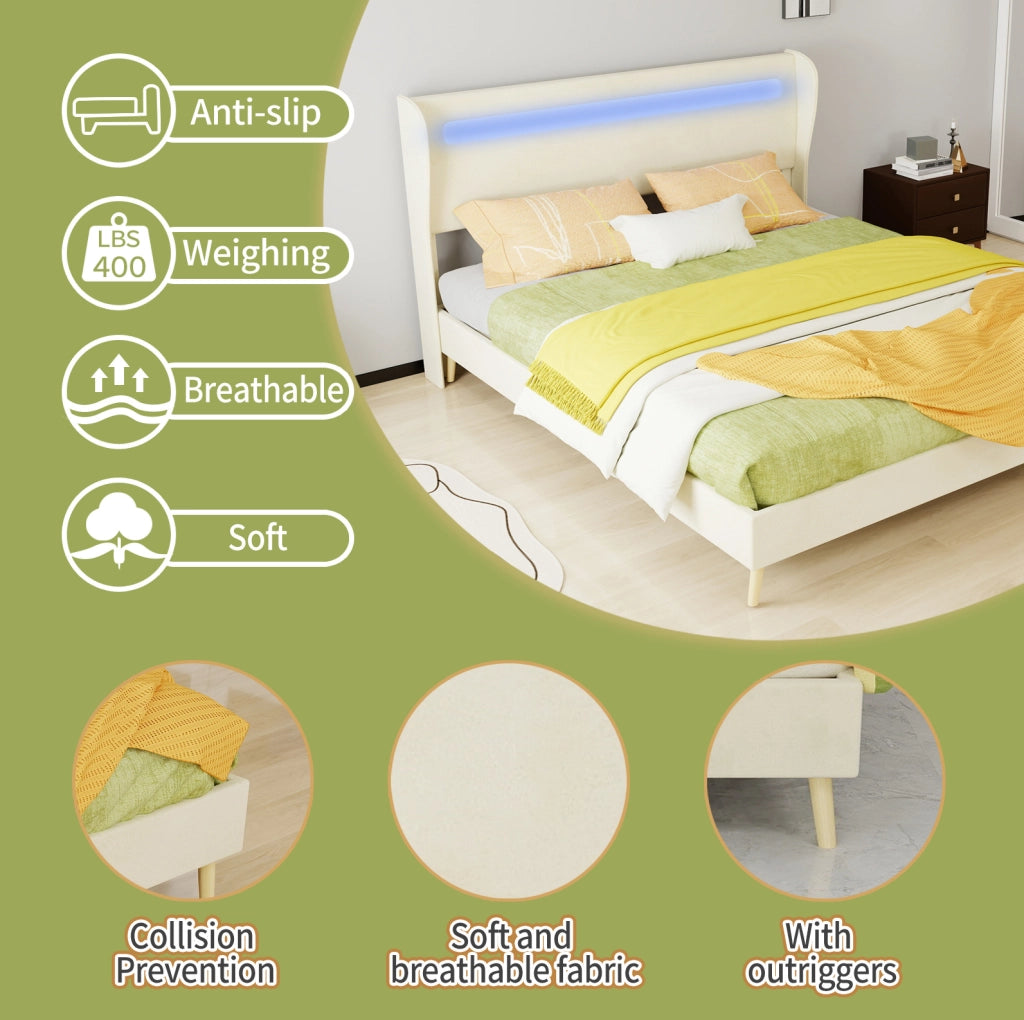 Letto basso 160x200 cm con testiera regolabile e LED multicolore; tessuto e metallo; beige