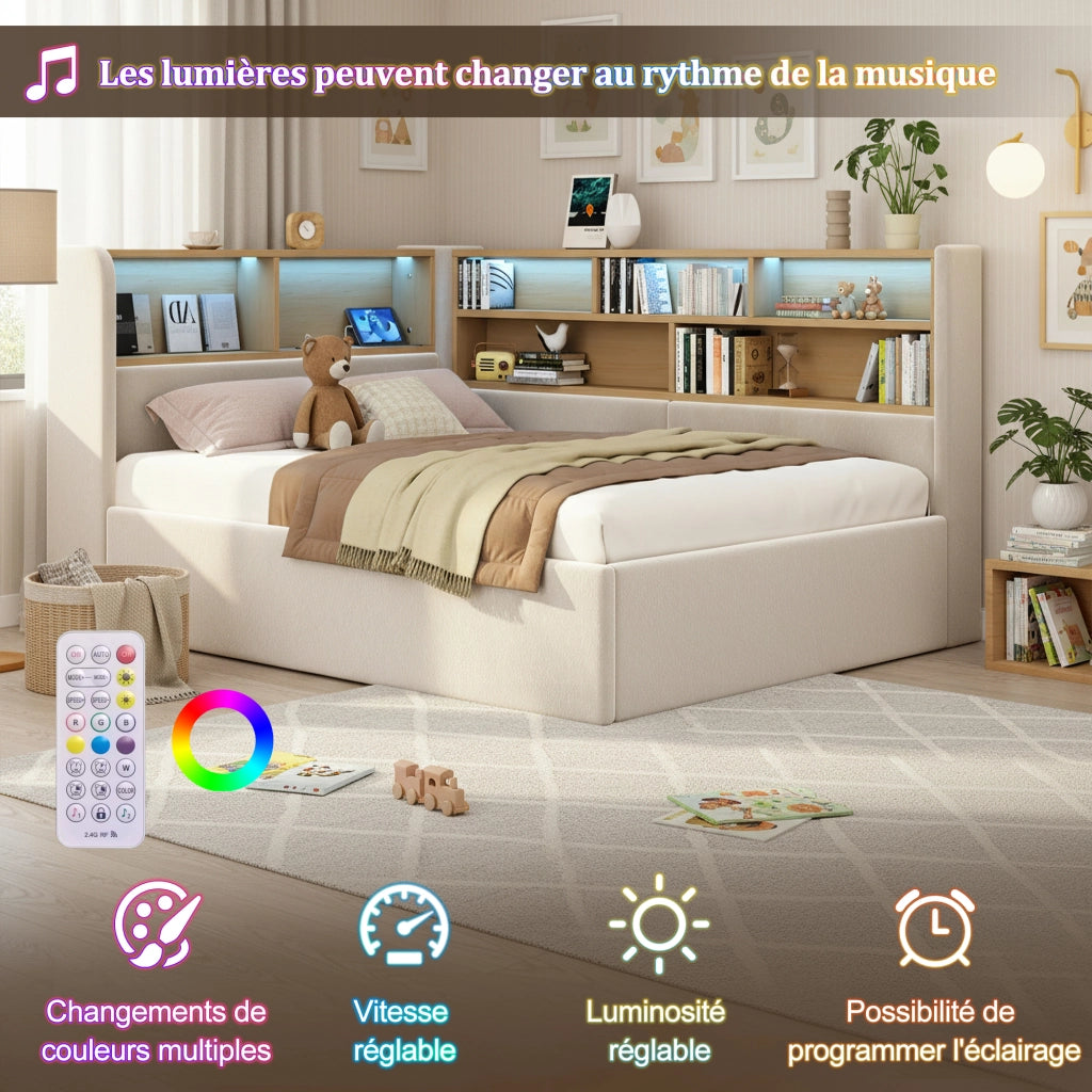 Letto Singolo 90x200 cm Contenitore; LED; USB e Type-C; Velluto Beige