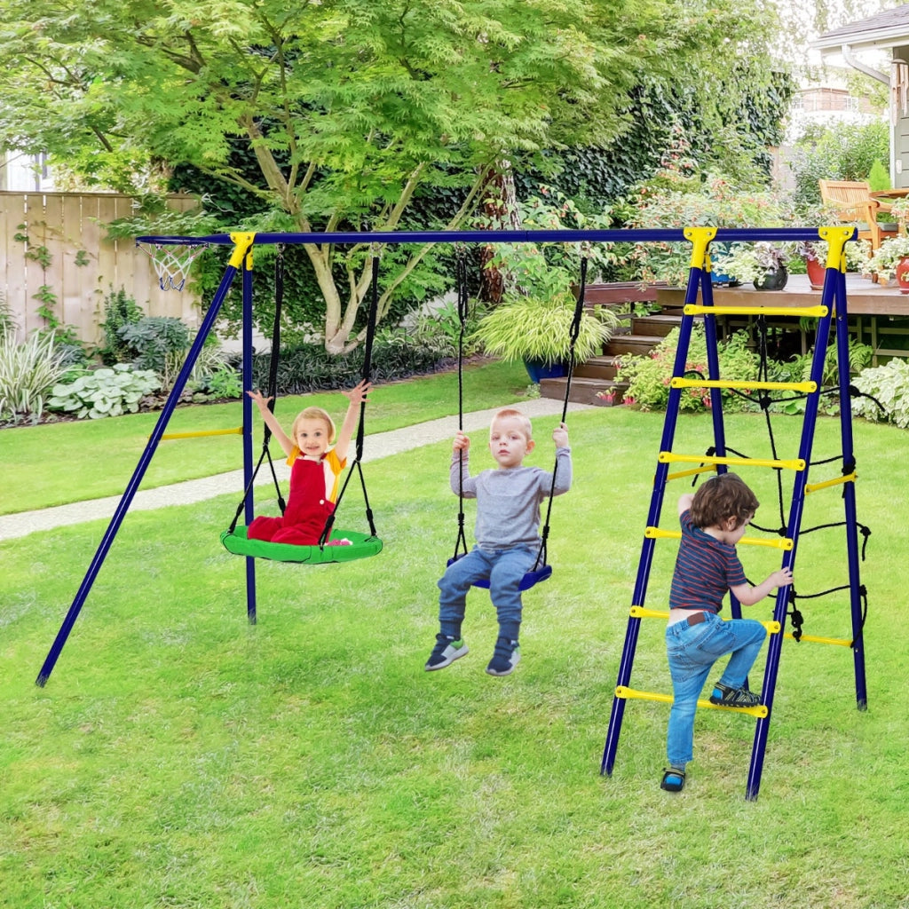 Set altalene e arrampicata da esterno con 2 altalene 1 canestro da basket, Giochi da giardino per bambini-Altalene e dondoli