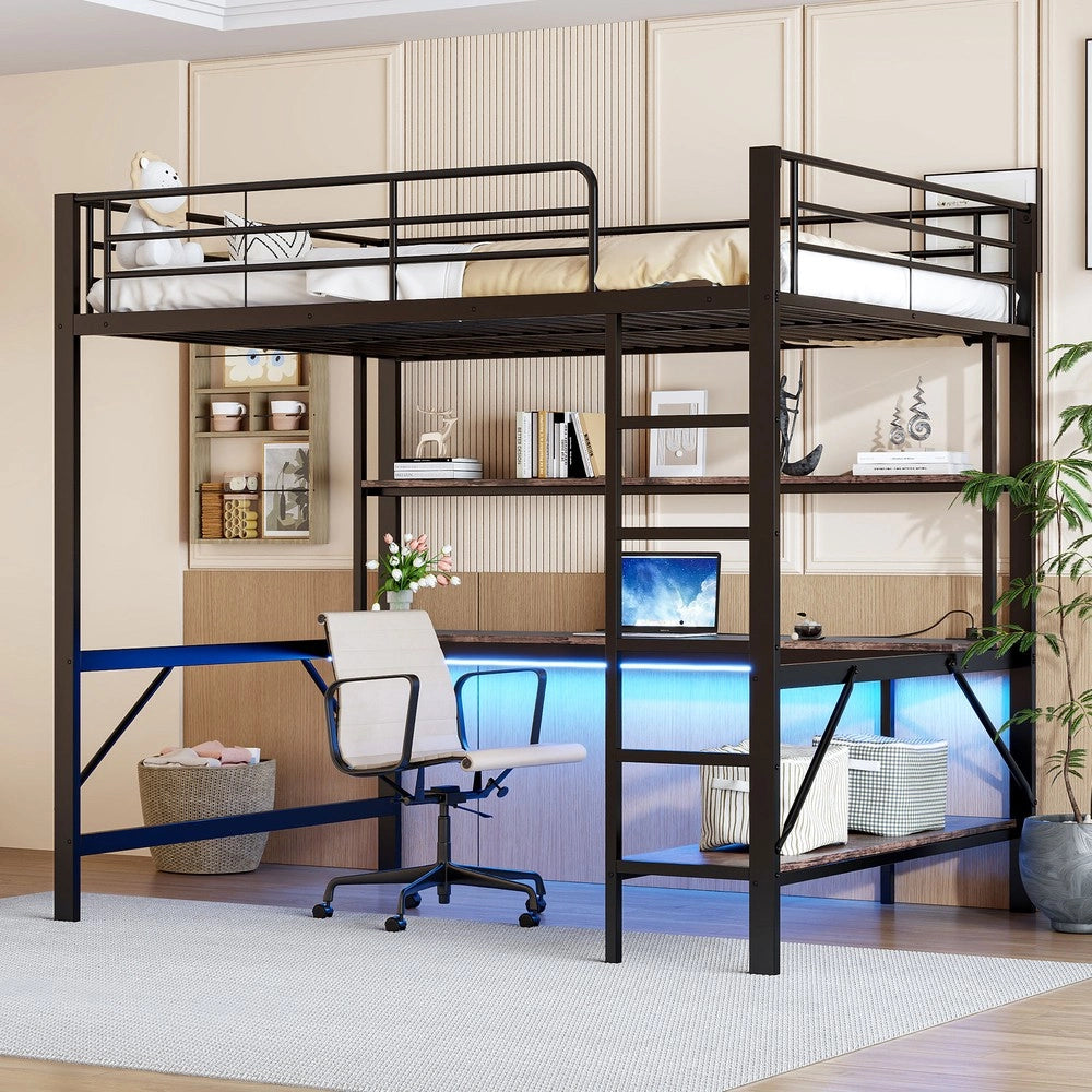 Letto a Soppalco con Scrivania e LED ¨C MINIMAL ¨C Metallo Nero 140x200