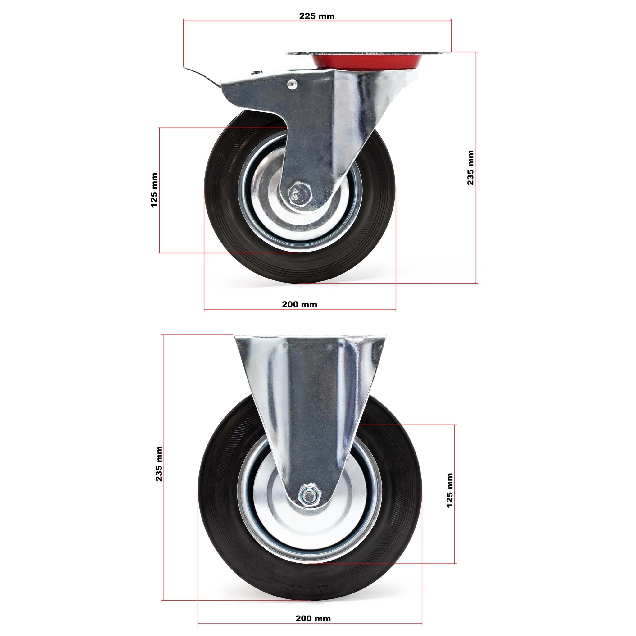 Set rotelle da trasporto 200 mm 2 ruote piroettanti con freno 2 fisse, nucleo in metallo, 150 kg a ruota
