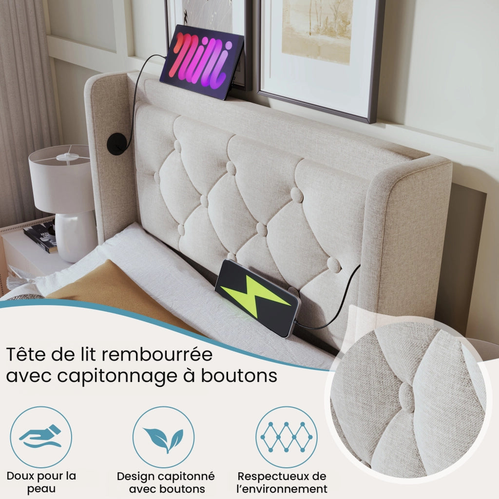 OKWISH Letto Contenitore 90×200 cm, Letto Singolo con USB, Tipo C, LED Regolabile e Testiera Imbottita, senza Materasso, Beige