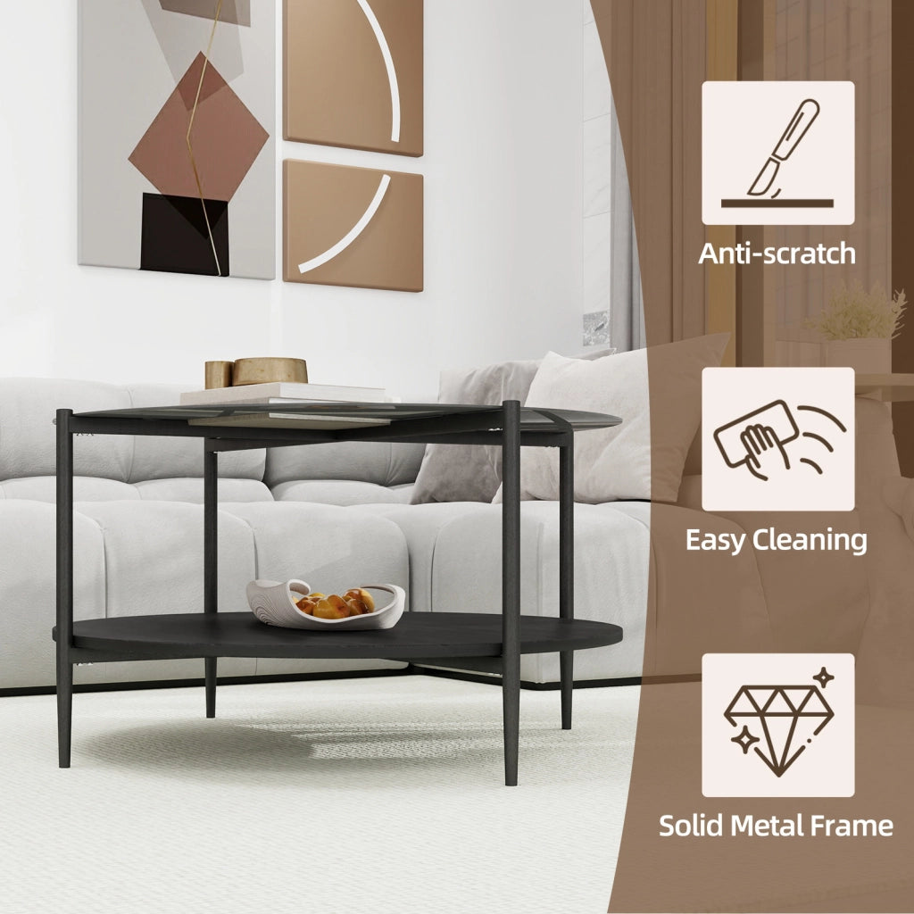 Tavolino da caffè rotondo a 2 ripiani in vetro fumé nero; legno e ferro; ? 82 x 45 cm