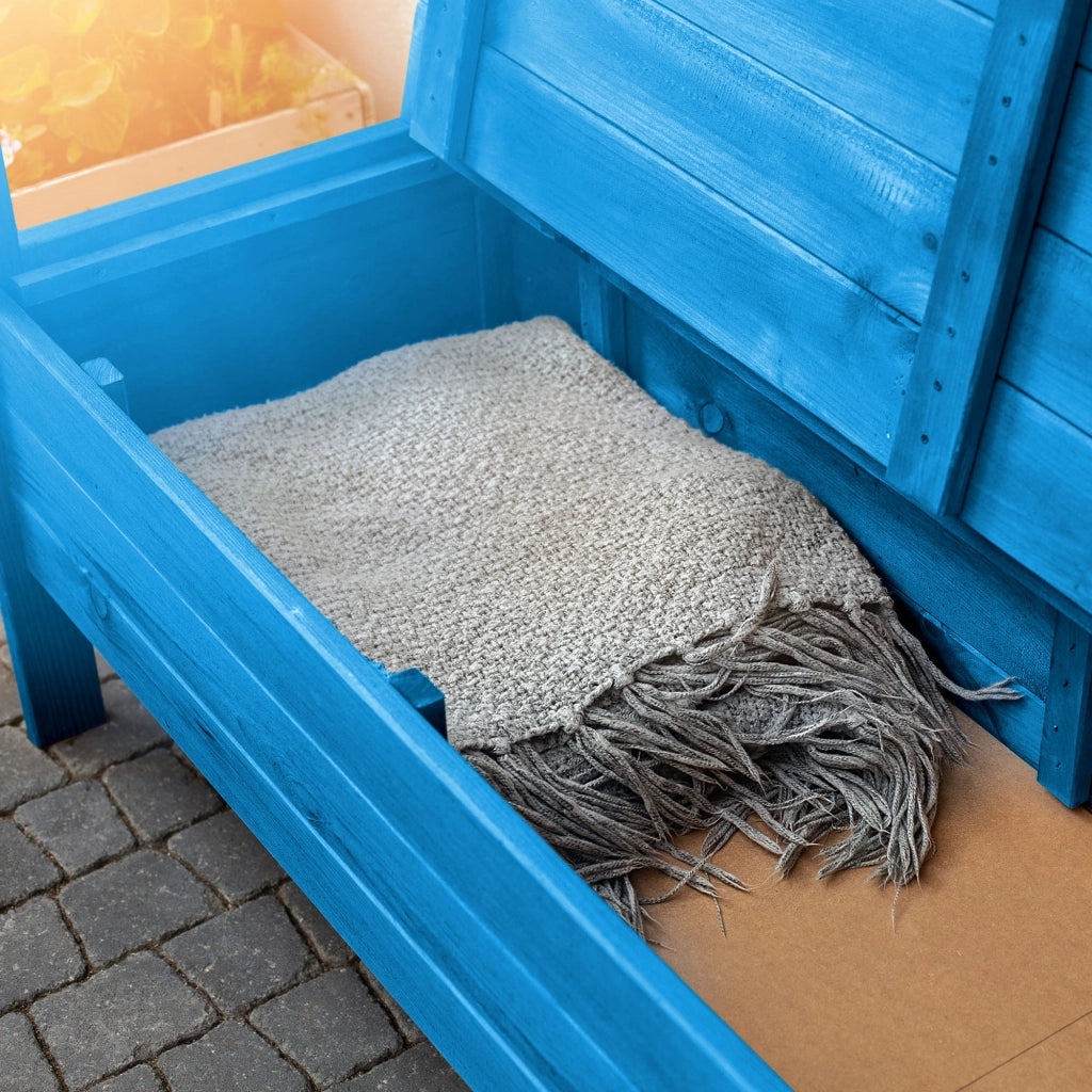 Panchina da giardino in legno KADAX con schienale, 120 cm, con contenitore, per terrazzo, balcone, giardino.