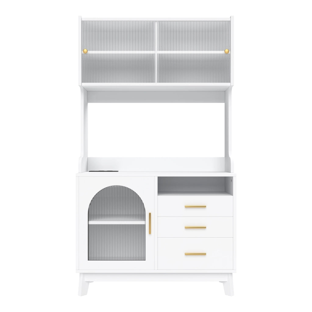 Credenza alta da sala da pranzo 100,5×40×178 cm con ampio spazio contenitivo, prese integrate e porte USB, bianco