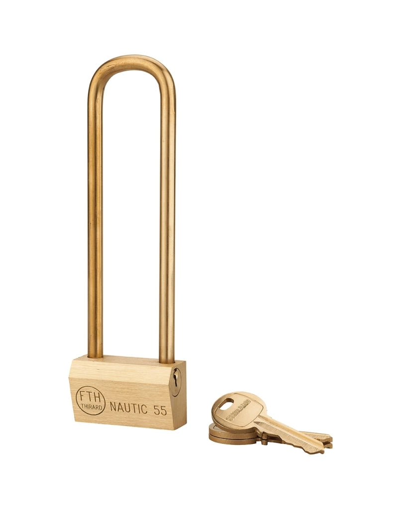 Lucchetto NAUTIC 55 mm in ottone, arco alto 148 mm in ottone, 3 chiavi – THIRARD