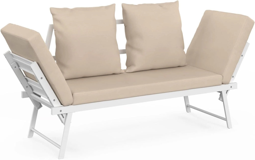 Divano da Giardino, Panca trasformabile NOLA 2/3 posti con braccioli reclinabili in Metallo Bianco e Cuscini Beige