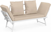 Divano da Giardino, Panca trasformabile NOLA 2/3 posti con braccioli reclinabili in Metallo Bianco e Cuscini Beige