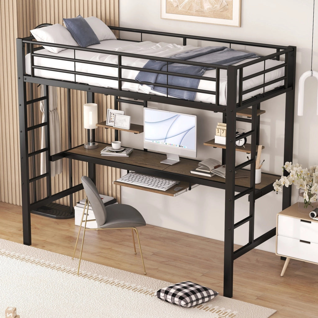 Letto a soppalco 90x200 cm con scrivania e 2 librerie nero