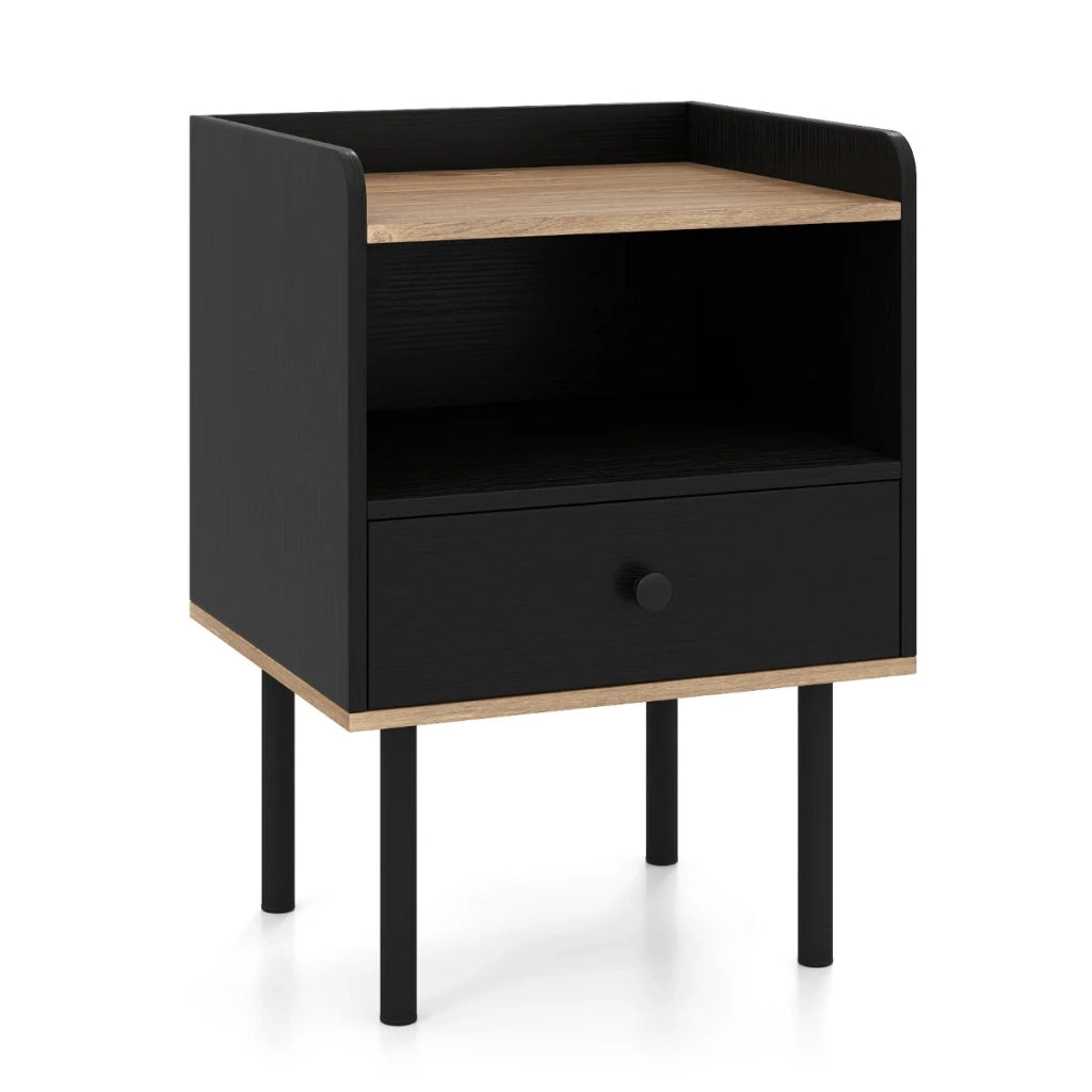 Comodino 40,5 x 35 x 56 cm con cassetto portaoggetti e ripiano aperto stile moderno realizzato in legno MDF nero e naturale 20_0017421