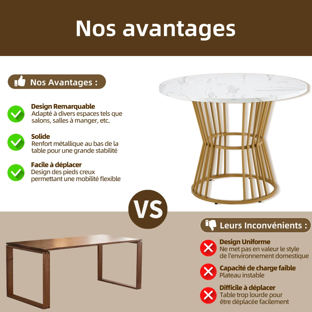 Tavolo da pranzo rotondo con piano in MDF effetto marmo, base in metallo, per cucina e soggiorno, bianco, Ø 100 cm