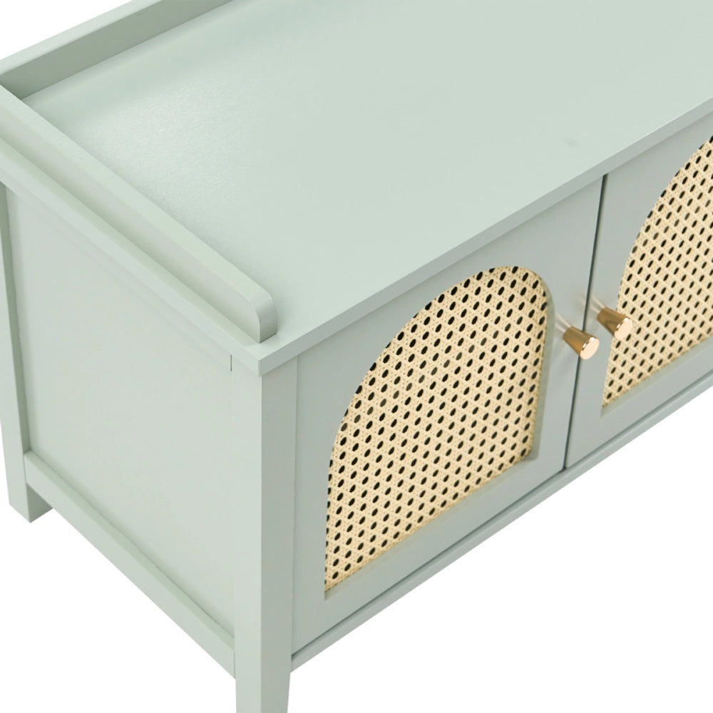 Panca porta scarpe con 3 cassetti e 2 ripiani seduta imbottita legno MDF rattan PE verniciata stile boho verde menta