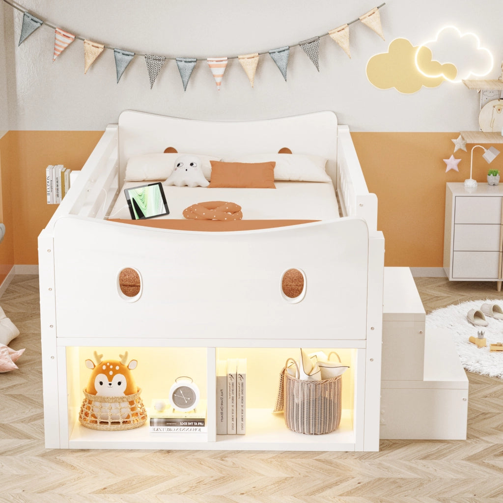 Letto singolo per bambini 90x200 cm con cassetti; testiera portaoggetti; sponda; LED; USB e USB-C; legno bianco