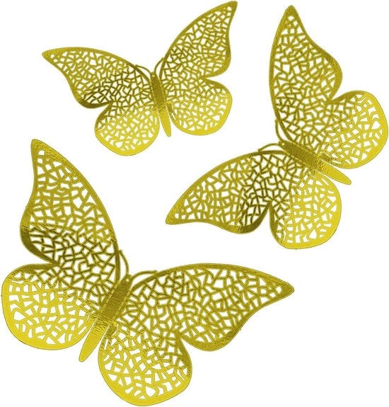 Decorazione per Parete 3D a forma di Farfalla in Oro - Adesivi Self-Adesivi Rimosibili - Decorazione per Bambini/Feste/Sposali - Tre Dimensioni (12/10/8 cm)