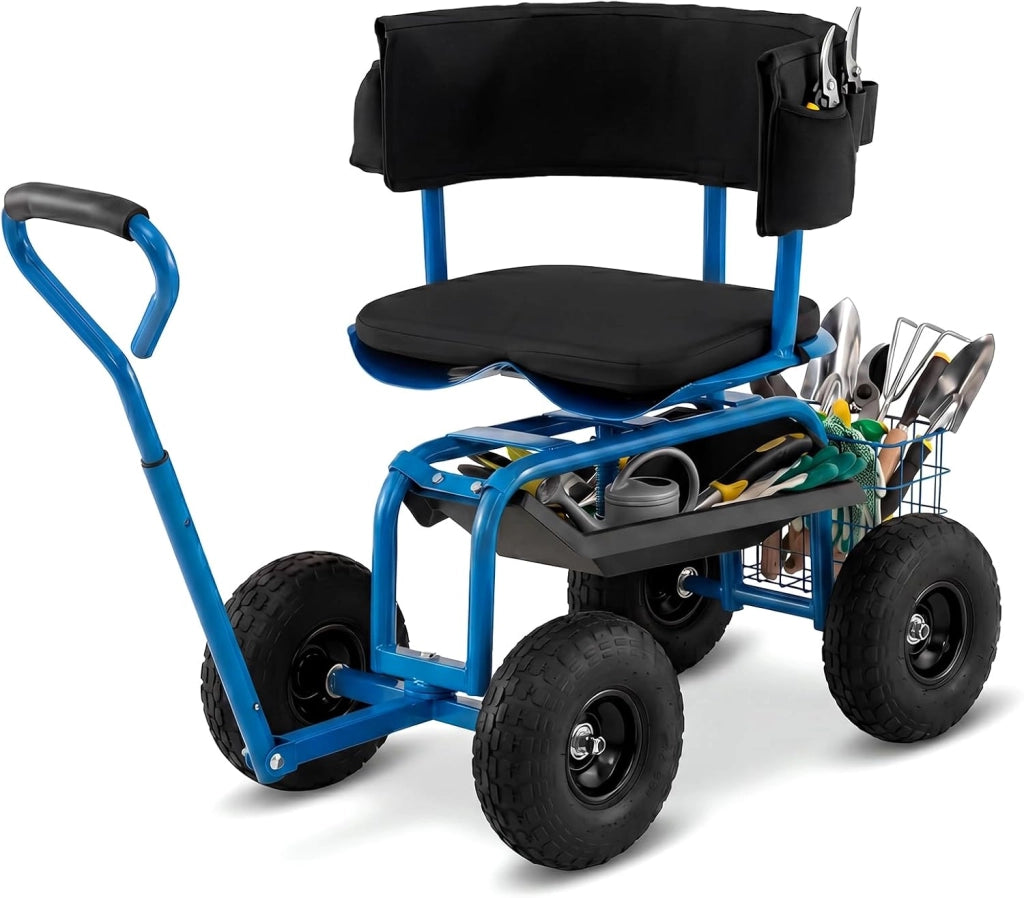 Carrello da Giardino, Sgabello con Ruote Girevole a 360°, Cuscino Imbottito, Schienale, Cestino, Tasca e Vassoio Porta Attrezzi, Carriola da Giardino e Cortile, 96 x 46 x 78-87 cm (Blu)