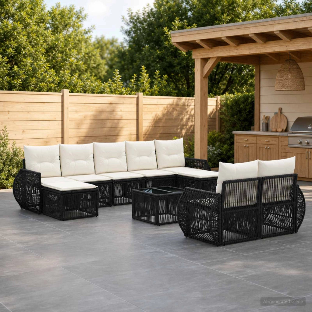 Set Divano da Giardino 10 pz Nero e Bianco Crema polyrattan 3435547
