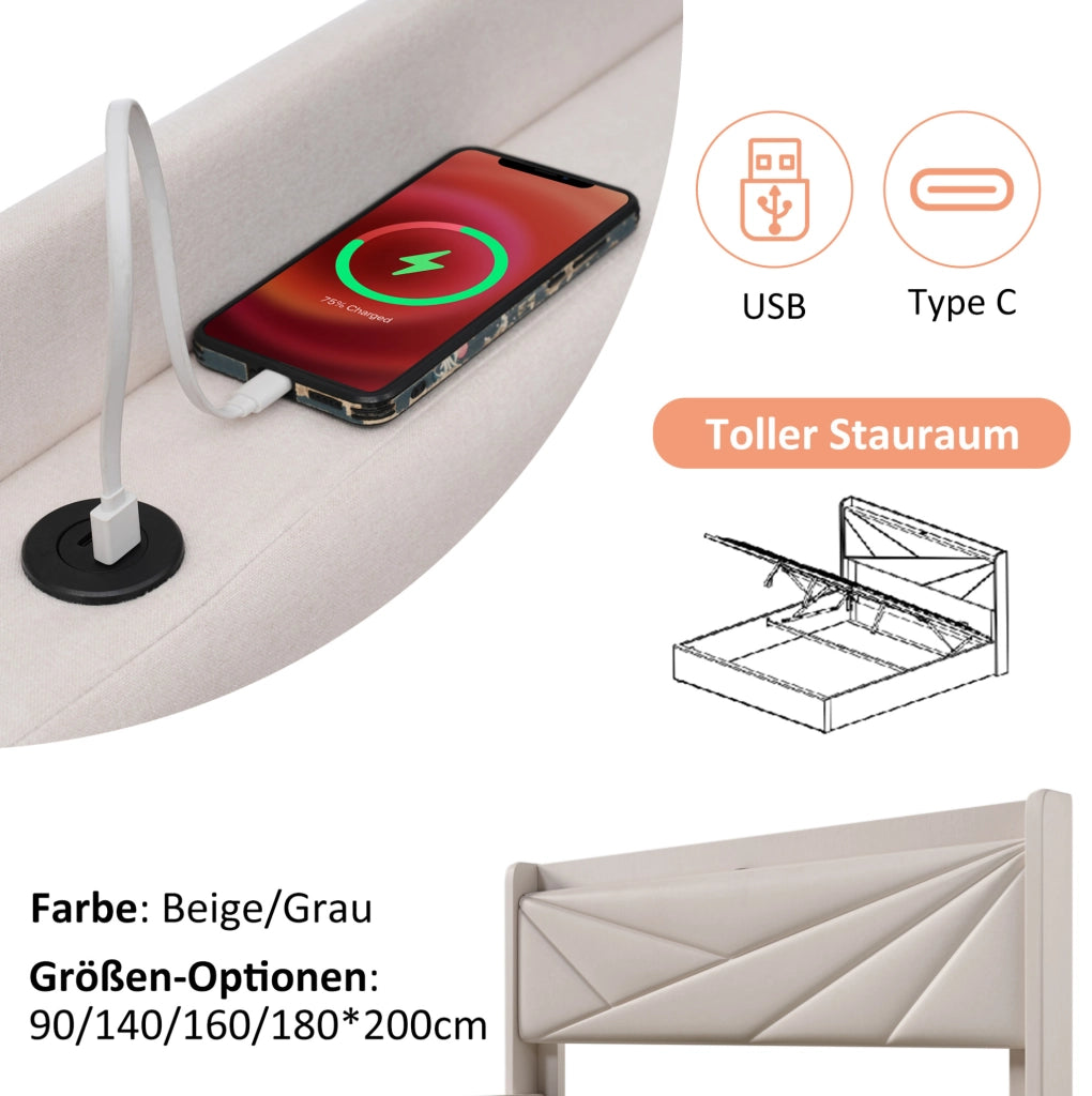 Letto singolo con contenitore e ricarica USB Tipo C 90x200 cm in cotone e lino beige