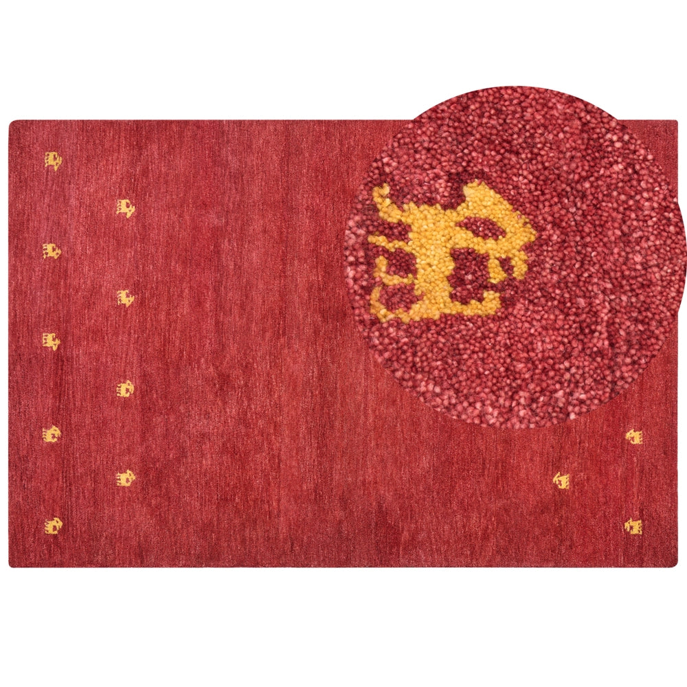 Tappeto Gabbeh di lana rossa fatto a mano con motivo animale 200 x 300 cm stile boho soggiorno camera da letto