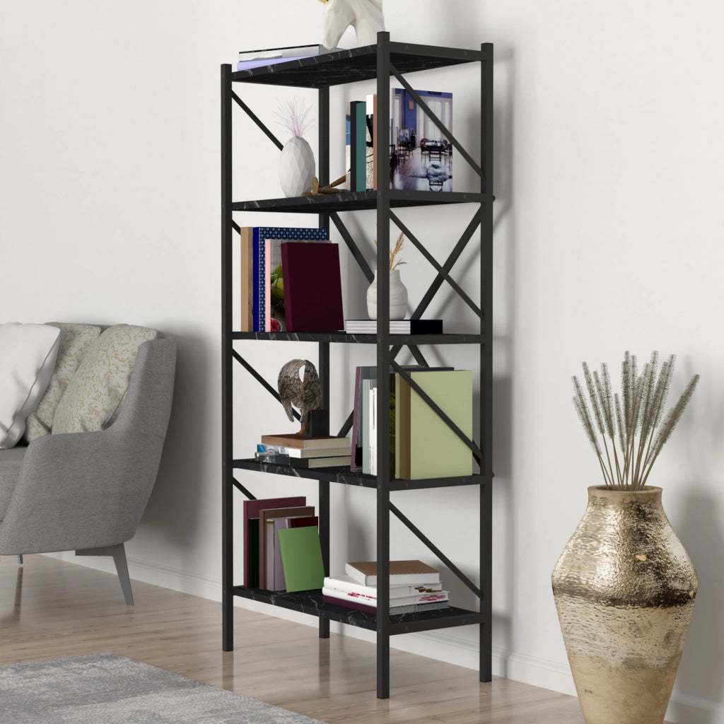 Scaffale da Terra 'Vanylven' Libreria a 5 Ripiani Mobile da Stoccaggio - Effetto Marmo Nero [en.casa]