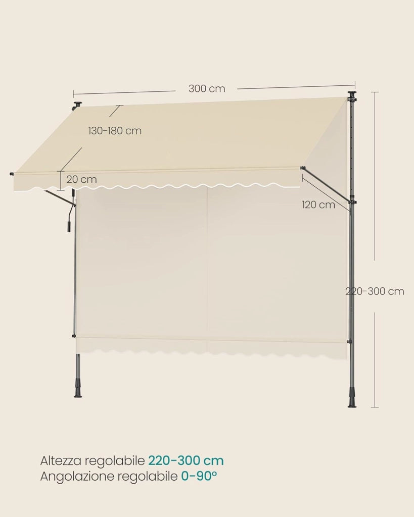 SONGMICS Tenda da Sole Avvolgibile, Tendalino Parasole Retrattile Manuale, Regolabile in Altezza con Manovella per Balcone Giardino Patio, 300 x 120 cm, Beige GSA302M01
