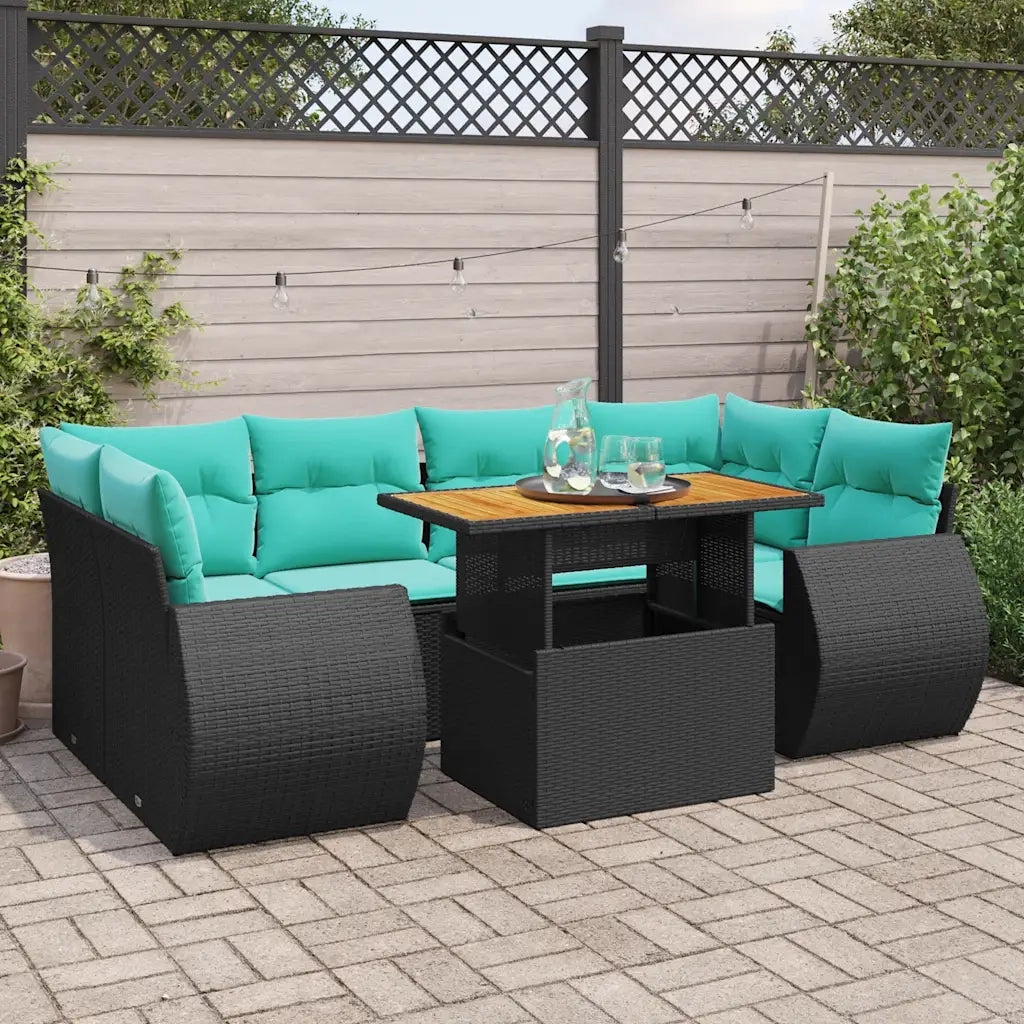 Set Divani da Giardino con Cuscini 7pz Nero Polyrattan