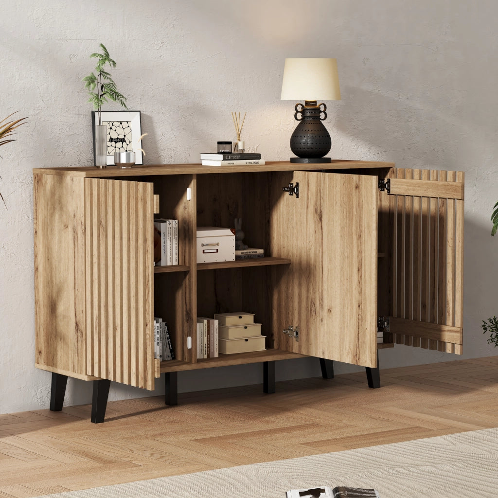 Credenza con 3 ante e 6 vani per soggiorno e ingresso in truciolare 150×40×95 cm rovere naturale