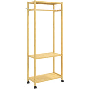 Stand Appendiabiti da Terra 70x35x175 cm con Barra Ripiani e 4 Ruote in Bambù Legno Naturale