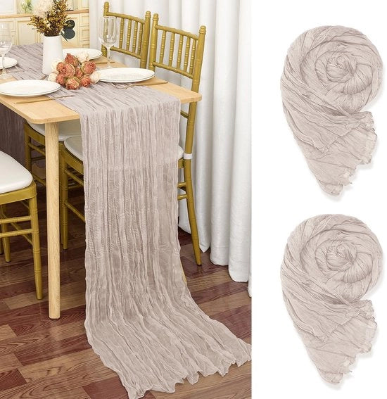 Set di 2 tovaglioli da tavola in lino, bruno grigio, 90 x 300 cm, tessuto in cotone rustico, tovagliolo da tavola boho, tovagliolo da tavola in lino per matrimonio, festa di addio al nubilato, decorazione da tavola (con un tocco di viola e rosa)