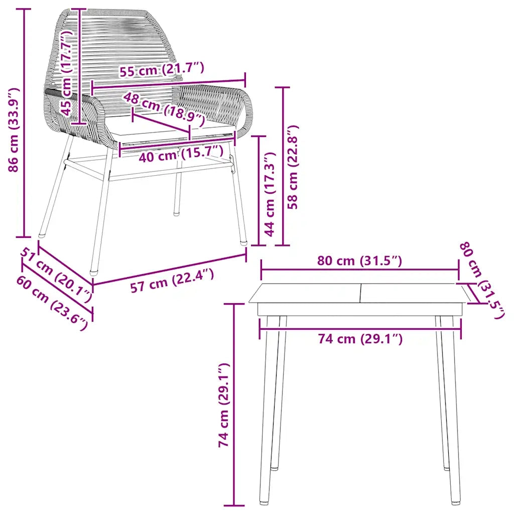 Set da Pranzo da Giardino 3pz con Cuscini Polyrattan Vetro 3334471