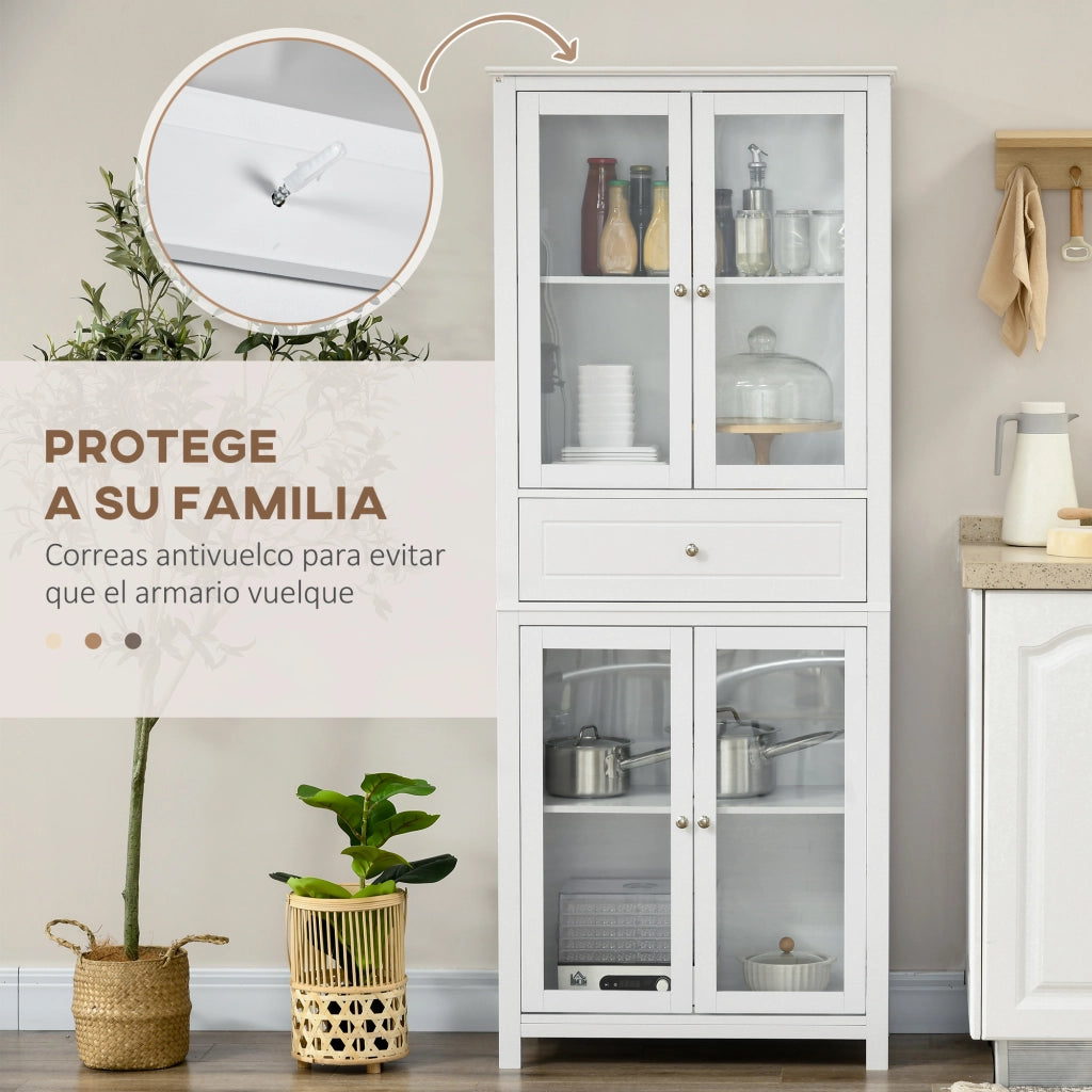 Mobile Vetrina Cucina ¨C Xylo ¨C 4 Ante Vetro con Cassetto e Ripiani Regolabili 74x35,5x181,5cm Bianco