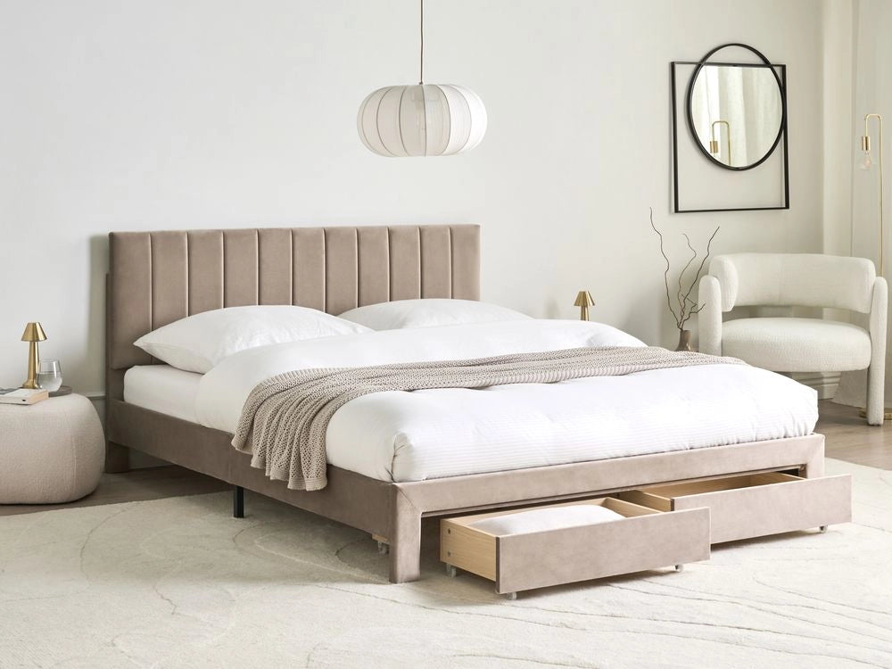 Letto matrimoniale 160 x 200 cm Bianco Sporco Rivestimento in velluto 4ft con cassetti Testiera Base a doghe Moderno