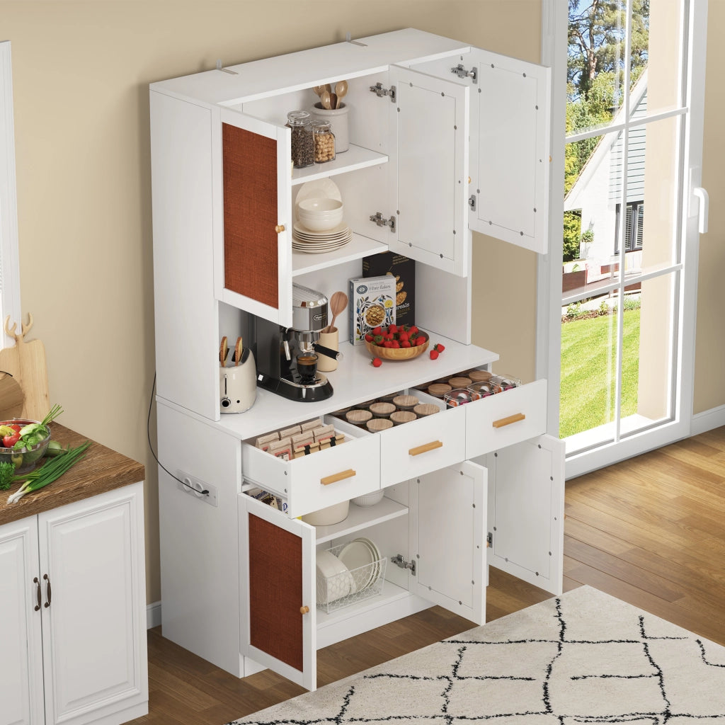 OKWISH Credenza da Cucina Alta con Ante, Cassetti e Vano Aperto, LED e Presa Integrata, per Cucina 105×43×182 cm