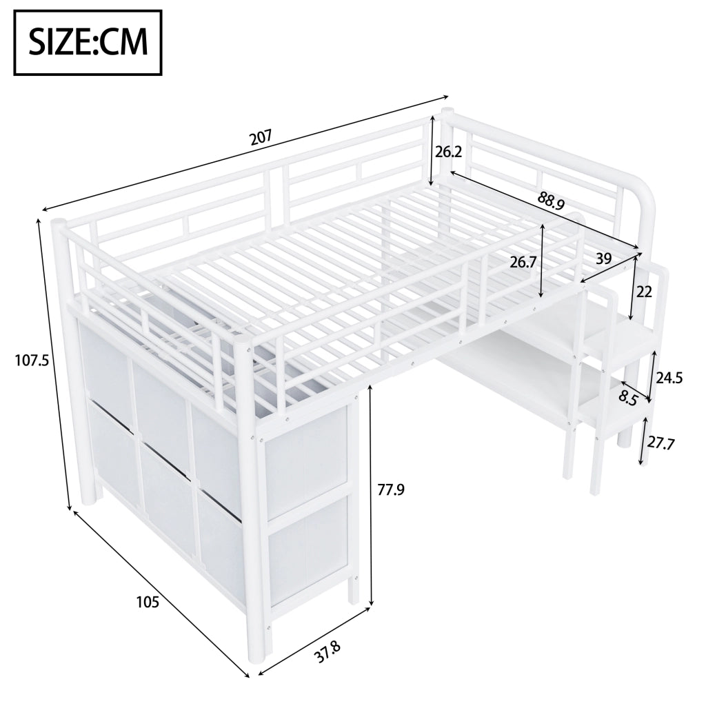 Letto a soppalco per bambini 90×200 cm con scala; cassetti e ripiani; senza materasso; metallo; bianco
