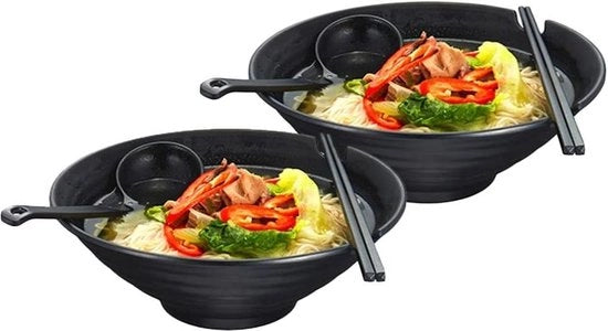 Set di Ciotole per Ramen 1000 ml Premium con Antisfregiatura - Cucchiaio - Spiedini da Cibo - Insalata di Noodles Nero