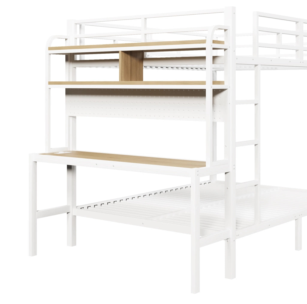 Letto a castello 140x200 cm in metallo e MDF; con scrivania; ripiani; LED e USB; bianco