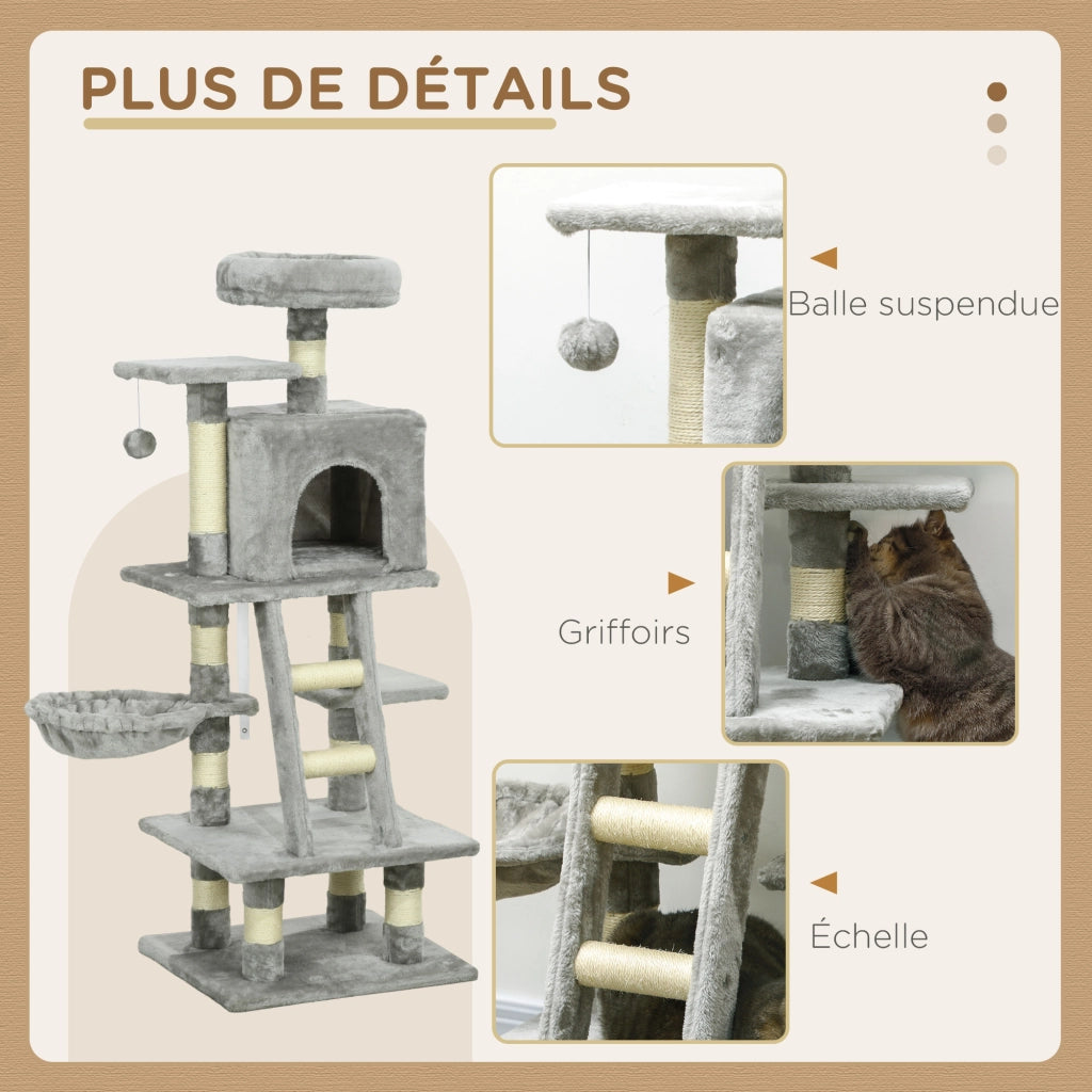 Albero per gatti con grattatoi, nicchie, piattaforme, scala e amaca ¨C zephmum ¨C grigio