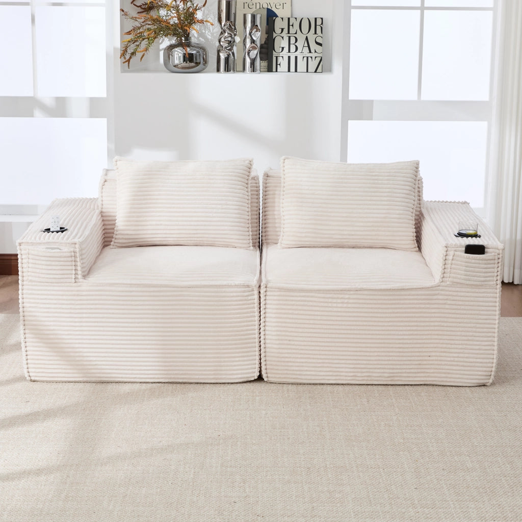 Divano modulare a 2 posti con porta bicchieri, tasche laterali e cuscini lombari in tessuto a coste beige 188 × 90 × 75 cm
