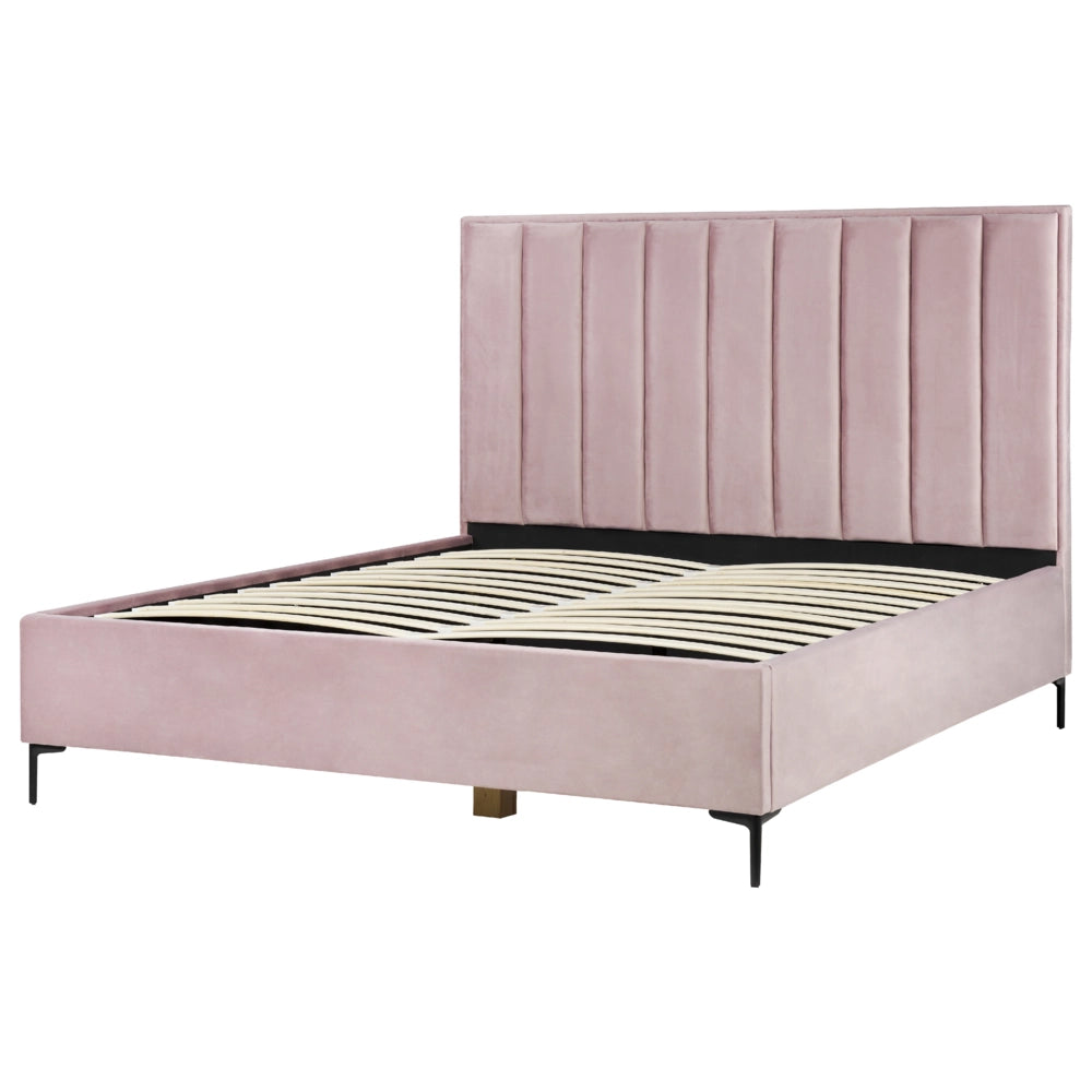 Letto in velluto rosa 180 x 200 cm con testiera imbottita ottomana con gambe in metallo Nero
