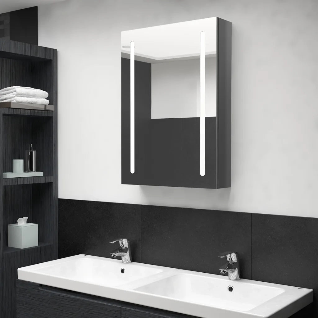 Armadietto Bagno | Armadio da bagno con Specchio e LED Grigio Lucido 50x13x70 cm