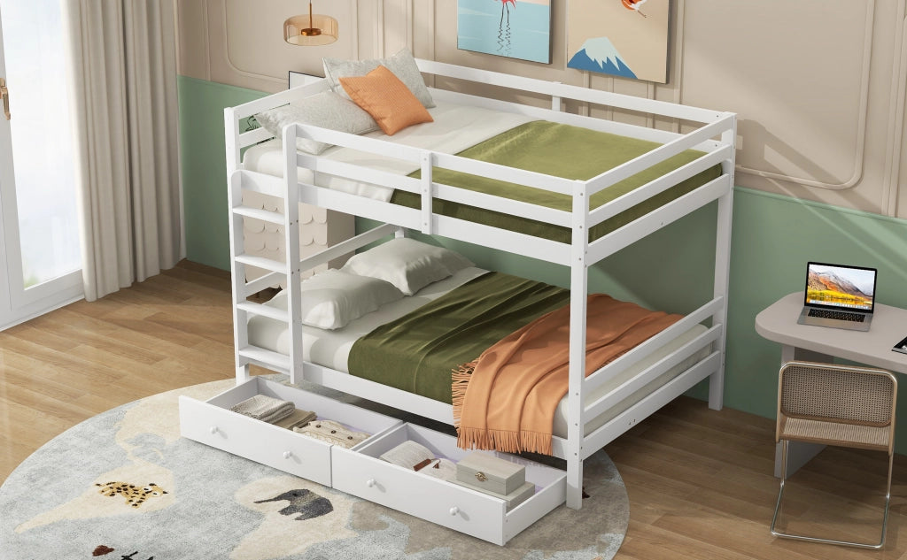 DESMIU Letto a castello 140 × 200 cm 2 posti con contenitore, scala, con materasso, in pino e MDF, bianco