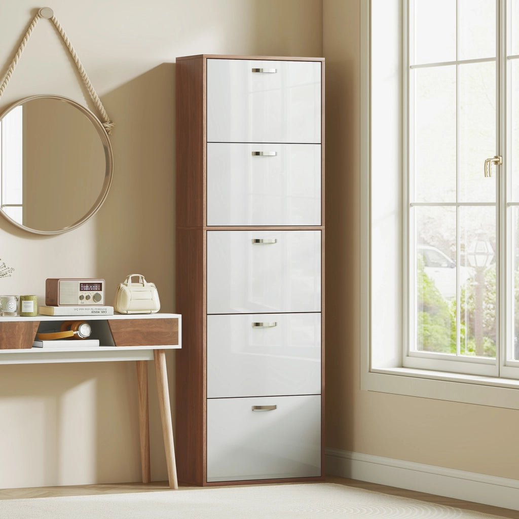 Scarpiera 5 Livelli con Ripiani ¨C zephmum ¨C MDF Bianco e Marrone 60x28x189 cm