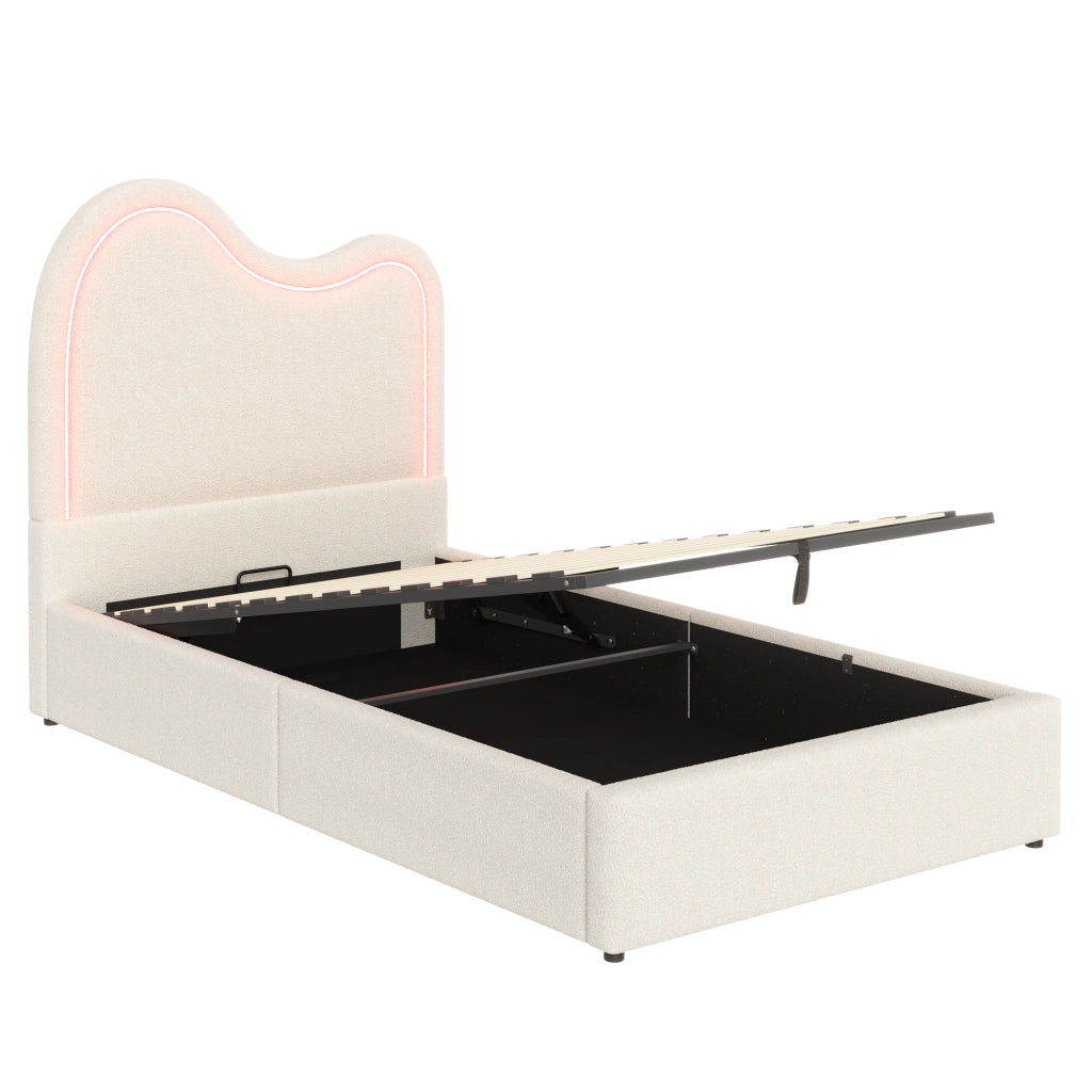 Letto imbottito 90x200 cm con contenitore e LED in bouclé bianco