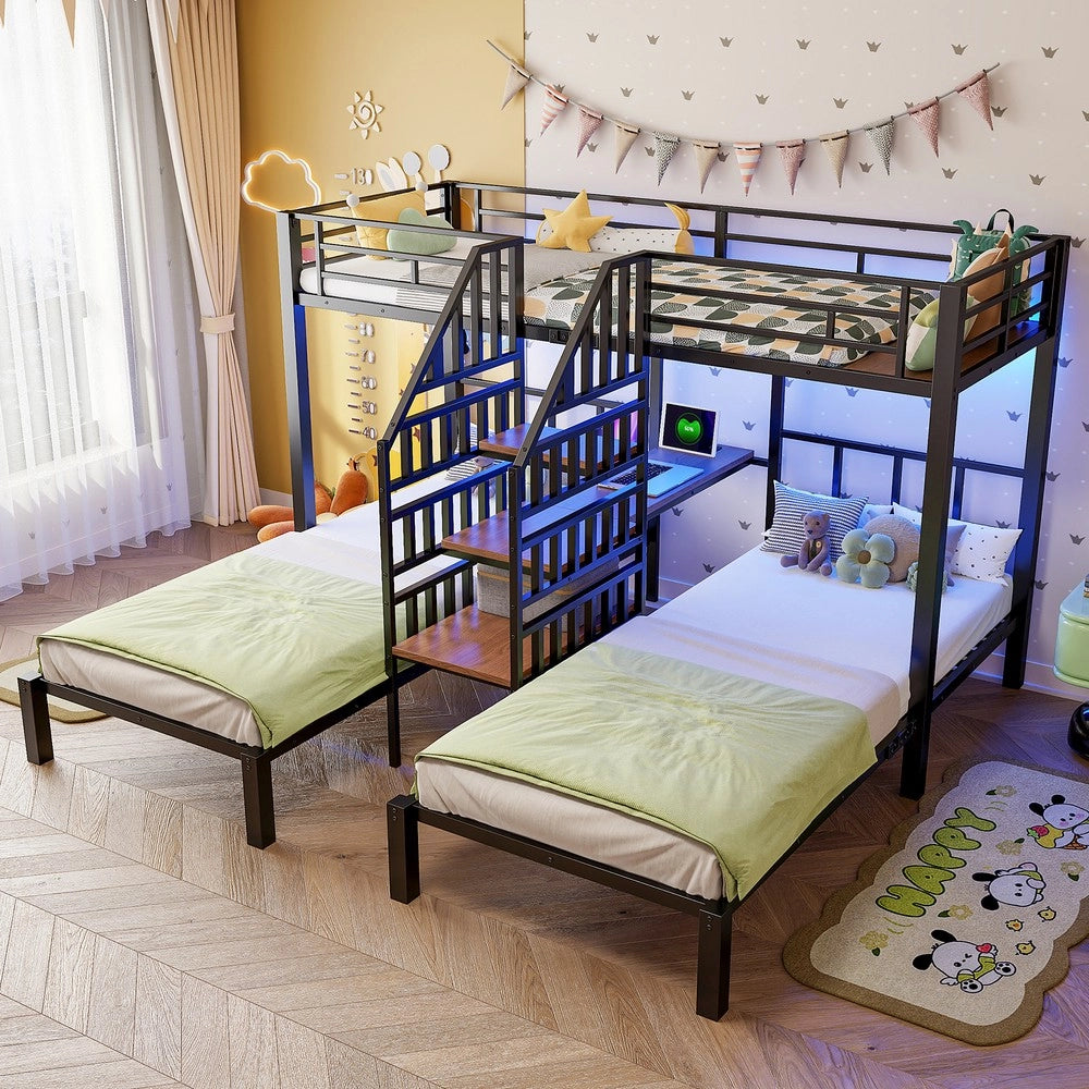 Letto a castello 3 posti con scrivania e luci LED ¨C Minimal ¨C nero metallo 90x200 cm