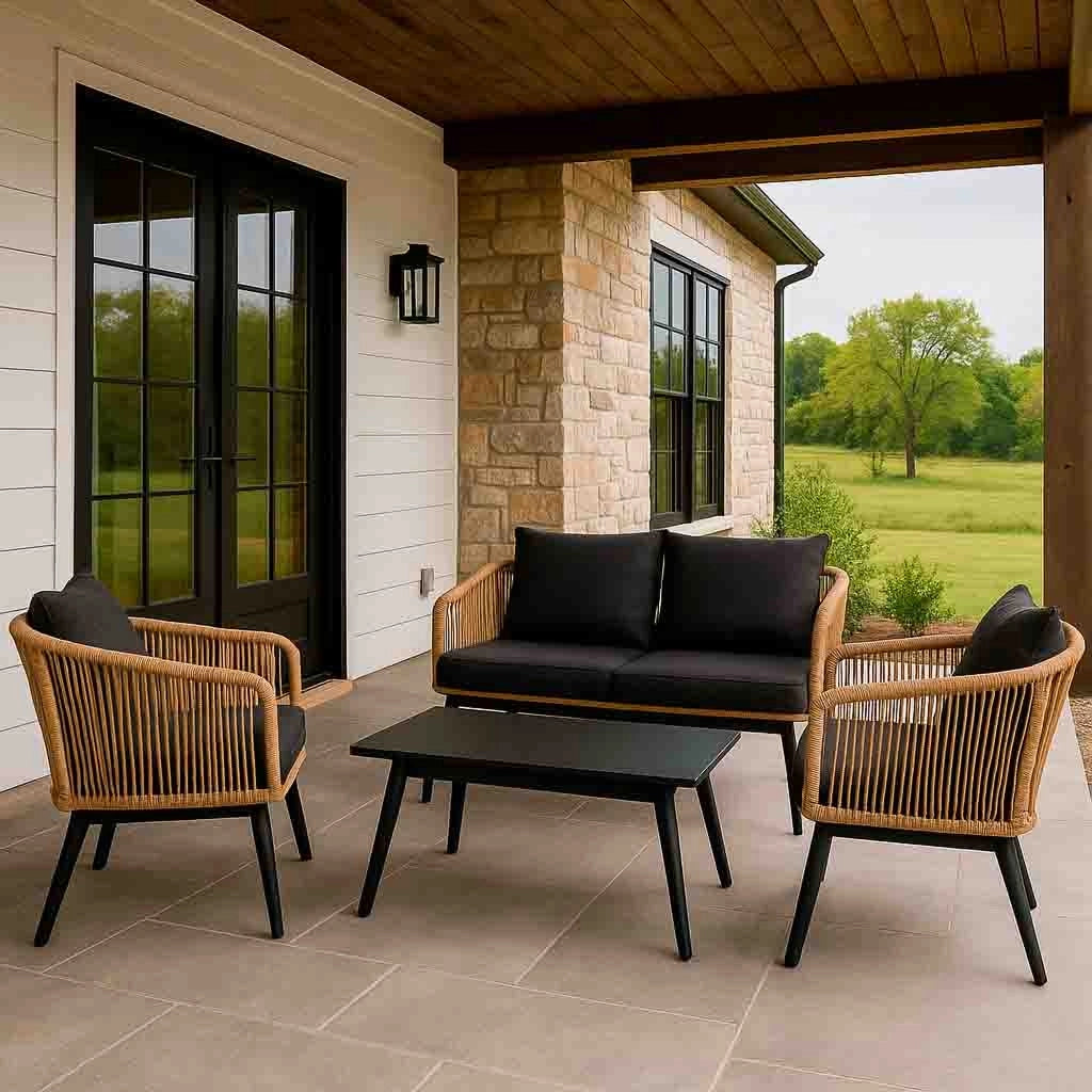 Set tavolo, divano e 2 poltrone marrone 90x50x42,65x70x69,136x70x68