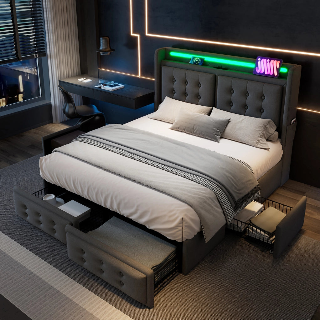 Letto matrimoniale 180x200 cm con LED; USB e USB-C; 4 cassetti e testiera con mensole; grigio