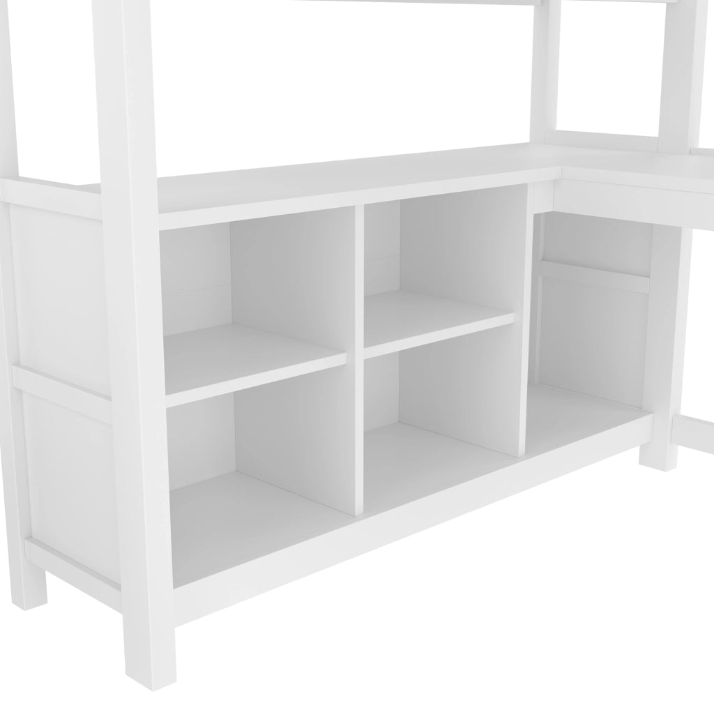 Letto a soppalco ULEVR 140x200 cm con scrivania, armadio e ripiani, in pino e MDF bianco
